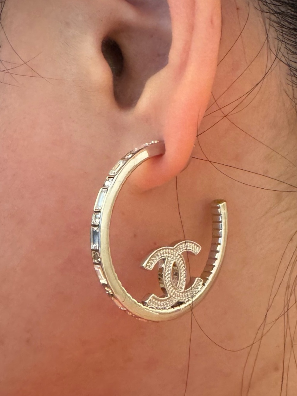 Super Rare Limited Edition Classic Chanel CC Logo Crystal Hoop Earrings